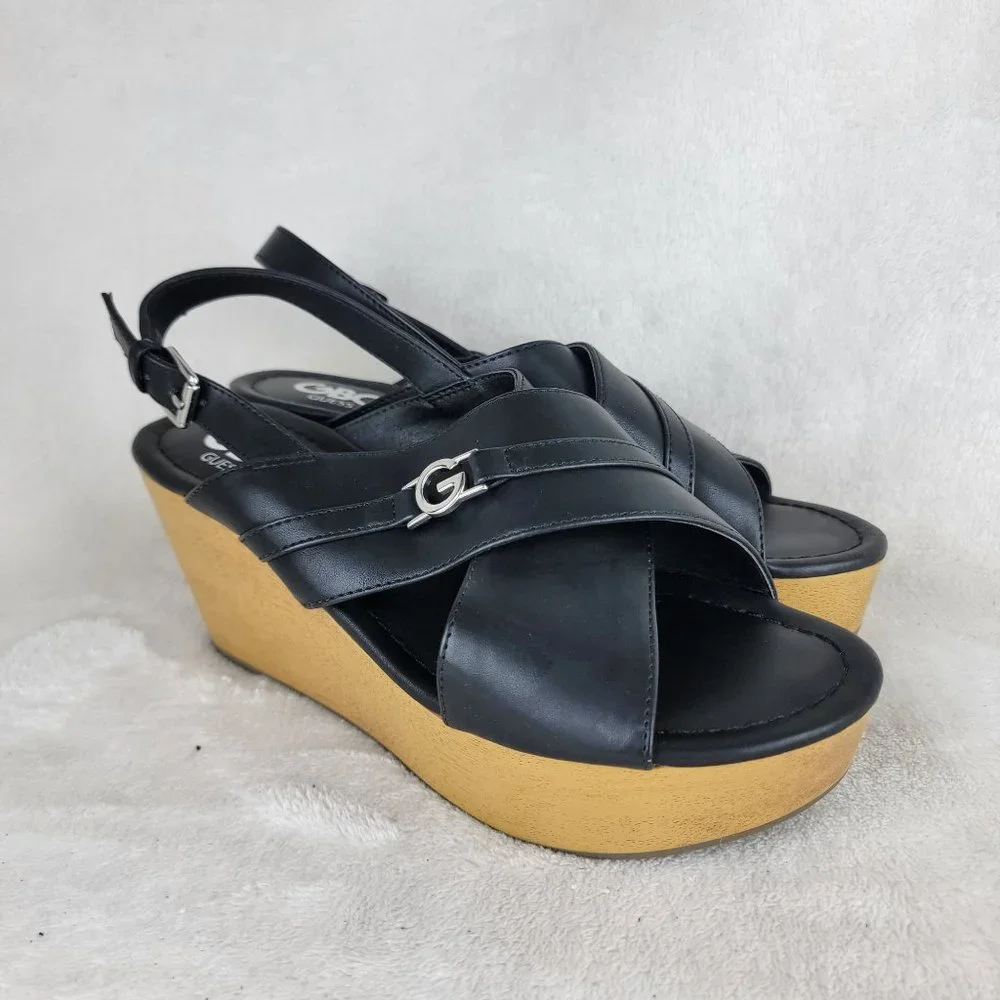 G By Guess Black Strappy Sling Back Silver Logo High Platform Wedge Sandals 7.5M